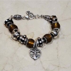 Brighton Charm Bracelet with‎ tiger's eye Brown Faceted Beads Silver Heart Charm